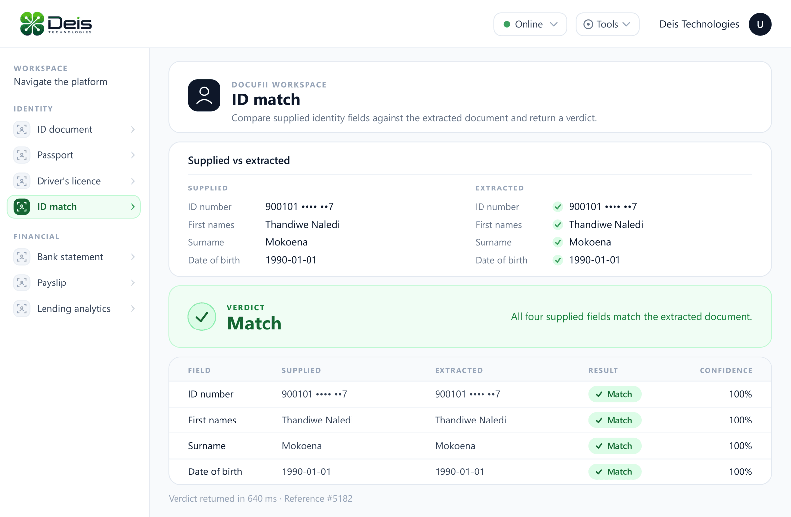 DocuFii identity match returning a match verdict with per-field results and confidence scores