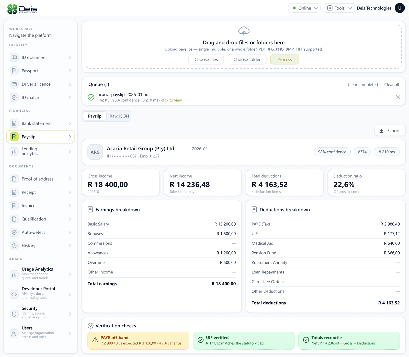 DocuFii payslip extraction showing earnings and deductions breakdowns with reconciliation checks