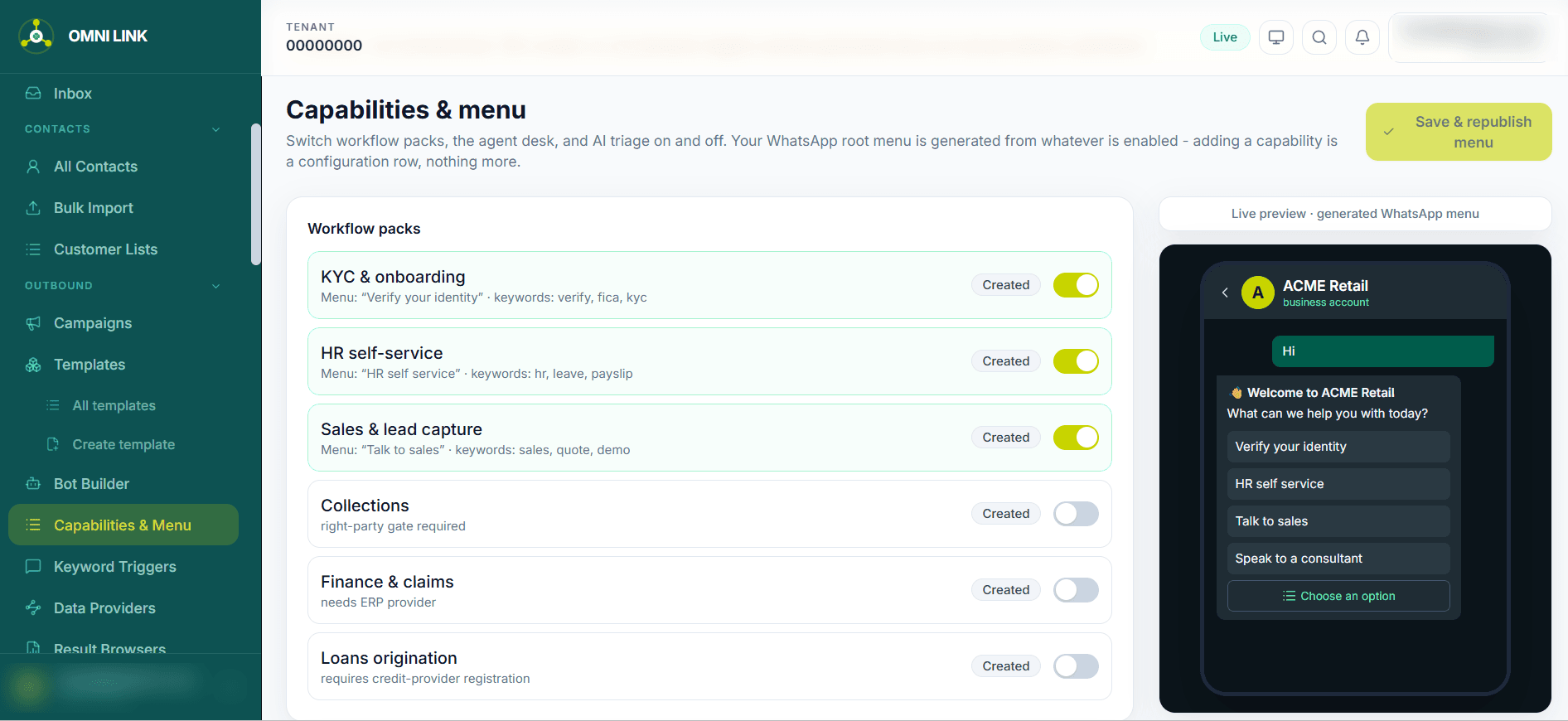 OmniLink capability toggles generating a live WhatsApp menu preview