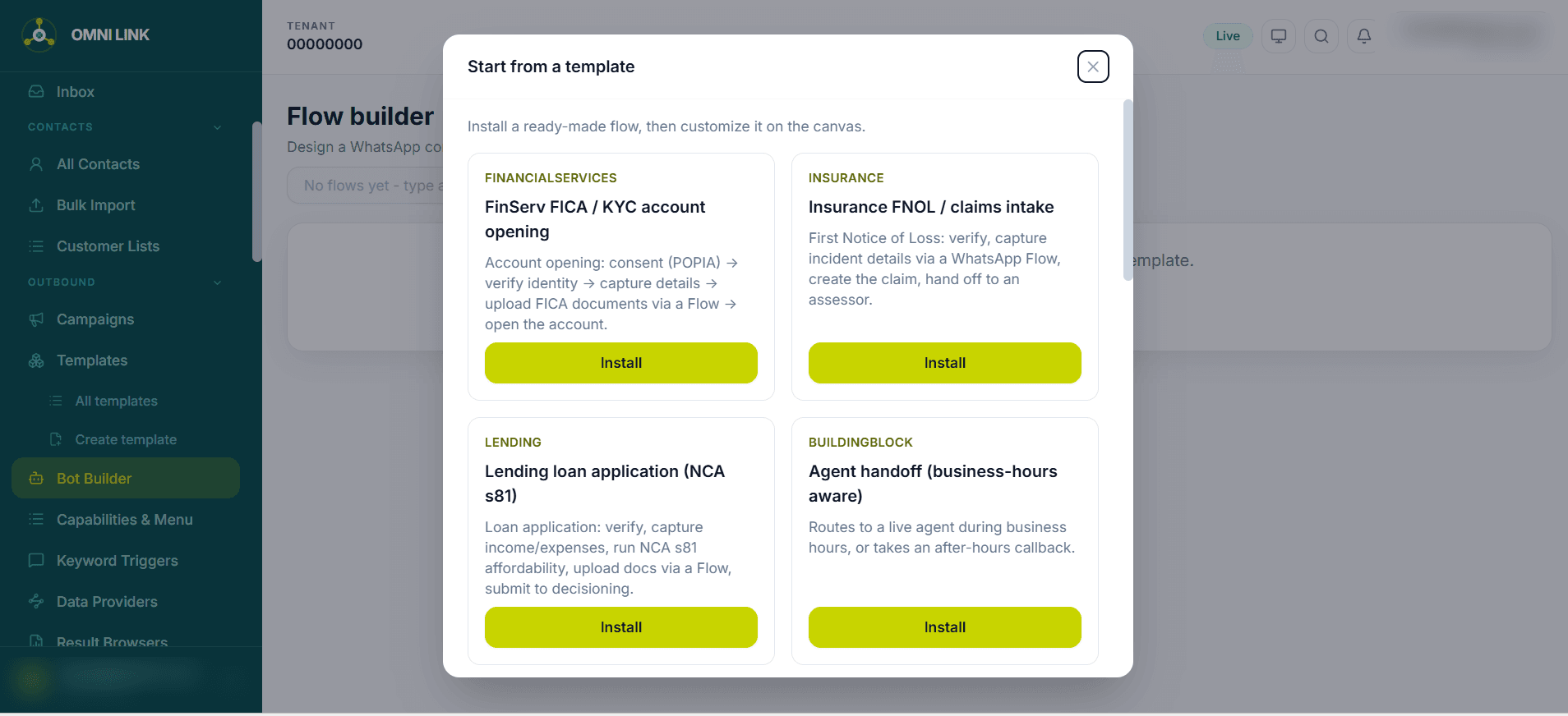 OmniLink flow builder template gallery