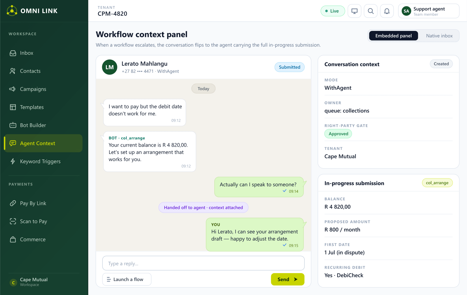 OmniLink agent workspace showing a collections conversation handed from bot to human, with the in-progress arrangement alongside